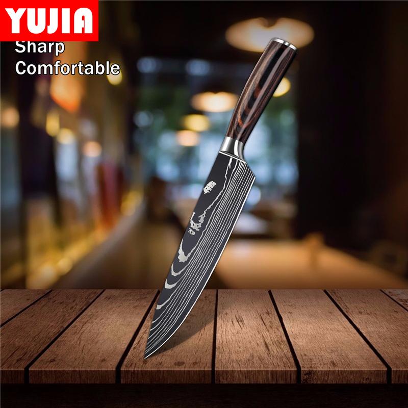 8-дюймовый кухонный набор ножей шеф-повара, японский 7cr17 440c, высокоуглеродистая нержавеющая сталь, дамасский лазерный узор, инструмент для резки сантоку