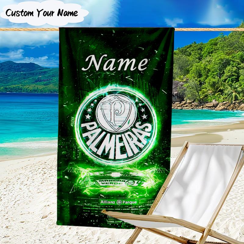 1PC Custom Name Beach Towel Green Palm Tree Emblem Beach Towel, Suitable for Camping, Travel, Beach Accessories, Super Absorbent, Family Gift