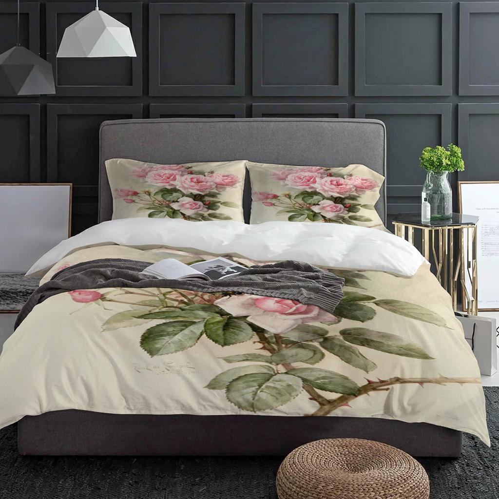 Modern Classic Double Pink Flower Rose Vintage With Pillow Case Custom 3pcs Bed Home Textile Quilt