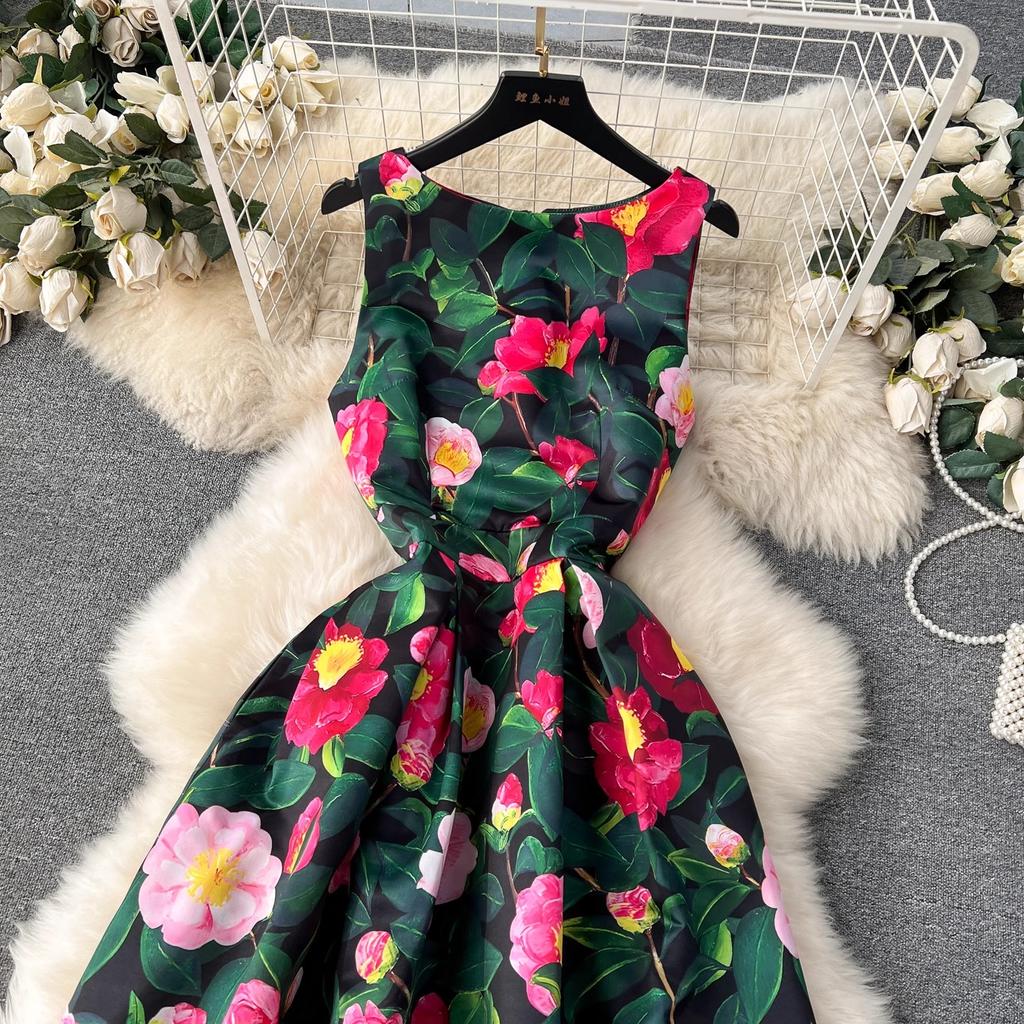 Summer Fashion Flower Vest Midi Dress Women's Sleeveless O-Neck Tank Floral Print Slim A Line Ball GownWomen Dresses