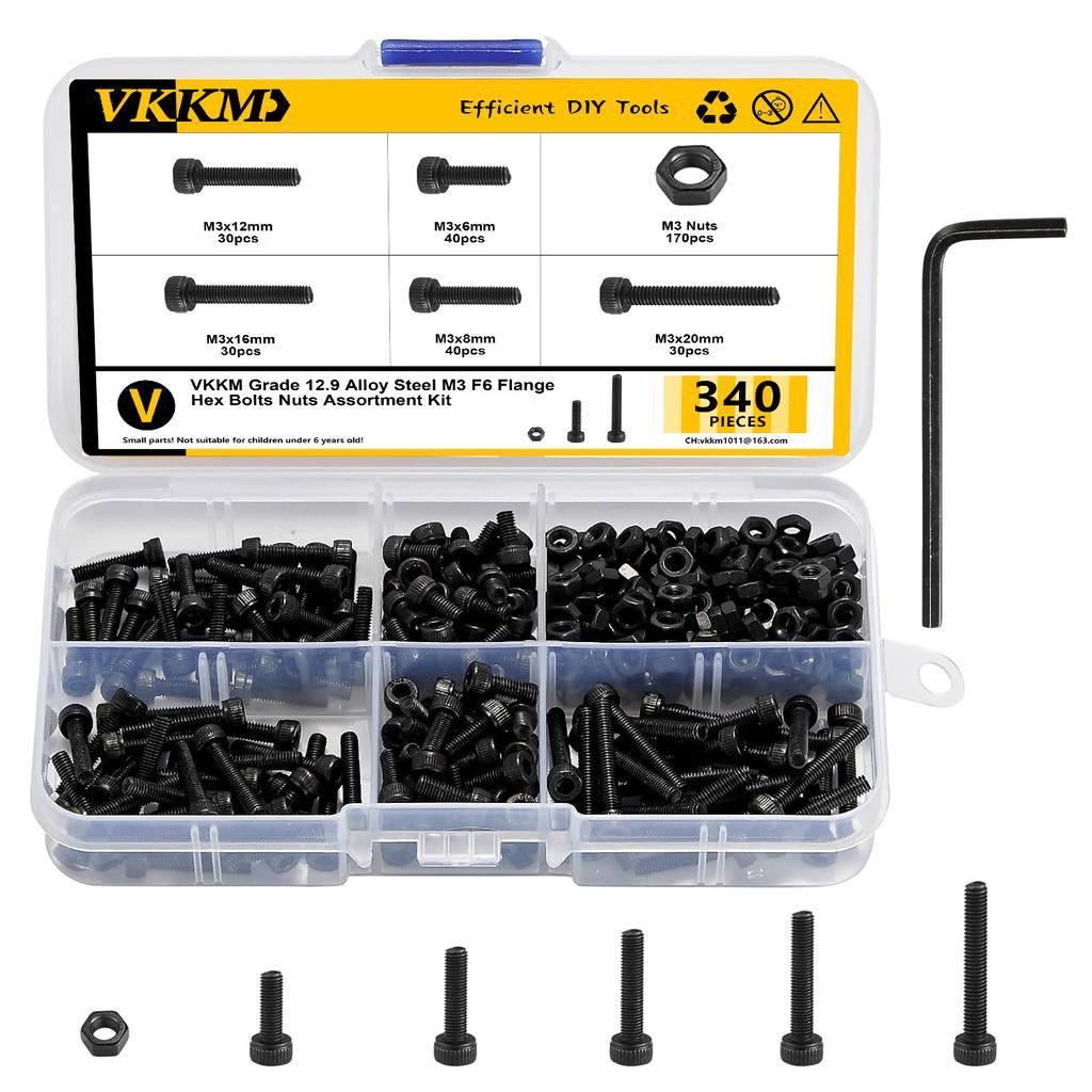 340 черных болтов с цилиндрической головкой, набор гаек, M3x (6/8/12/16/20) набор болтов с шестигранным ключом.