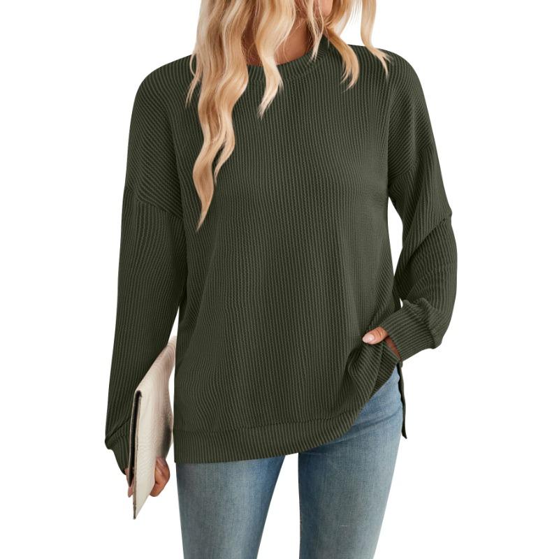 Осенняя женская свободная повседневная толстовка с длинным рукавом и разрезом в полоску с волнами больших размеров