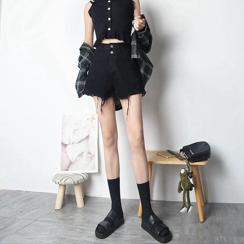 Wowen Classic and Minimalist Fashion Versatile Black Female Summer Broken Holes Wide-legged Pants A Word Loose Ragged Edge Shorts Female Denim Shorts
