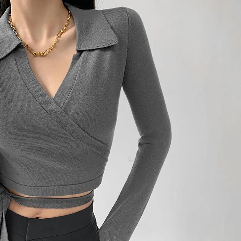 WTEMPO Рубашки-поло с перекрестной повязкой на талии для девочек, женские укороченные топы Y2K, женские весенне-осенние футболки с v-образным вырезом для фитнеса