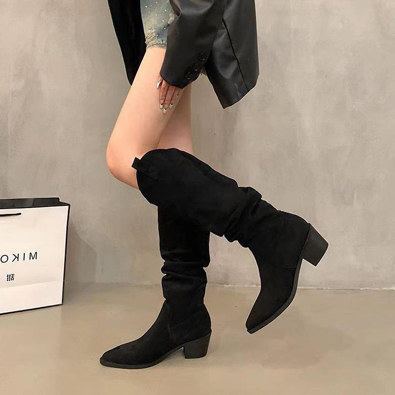 Fashion Women Knee High Boots Autumn Winter Female Shoes Fashion Retro Pleated Slip On Long Boots Elegant Square Low Heel Knight Boots