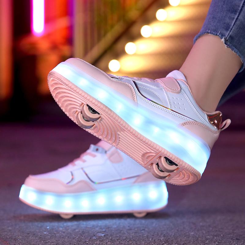 Детские светящиеся спортивные туфли, резиновые туфли, твердые волшебные патчи, зарядные двухрядные четырехколесные скользящие туфли