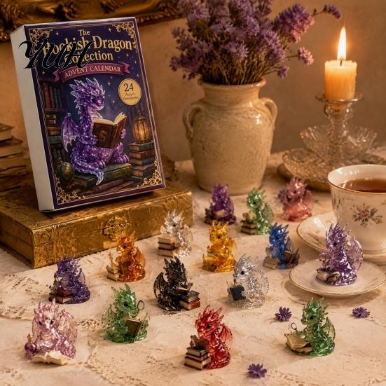 Collectible Dragon Figurines Crystal Advent Calendar 2026, 24 Days Fantasy Reading Book Countdown Calendar, Desktop Decoration for Bookshelves