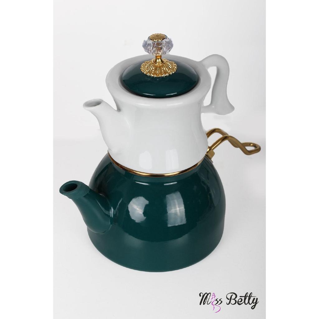 Enamel Teapot With Porcelain Teapot Dark Green