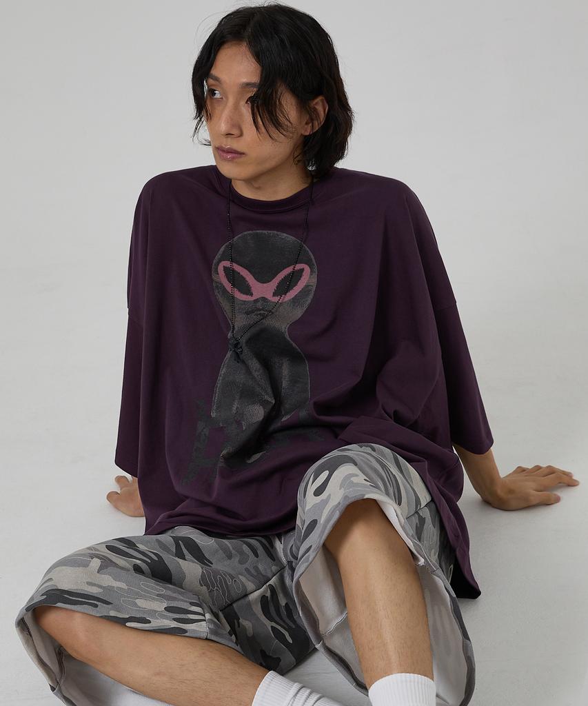 HOODHOOD Black Alien Graphic Oversized Short Sleeve T-Shirt Purple