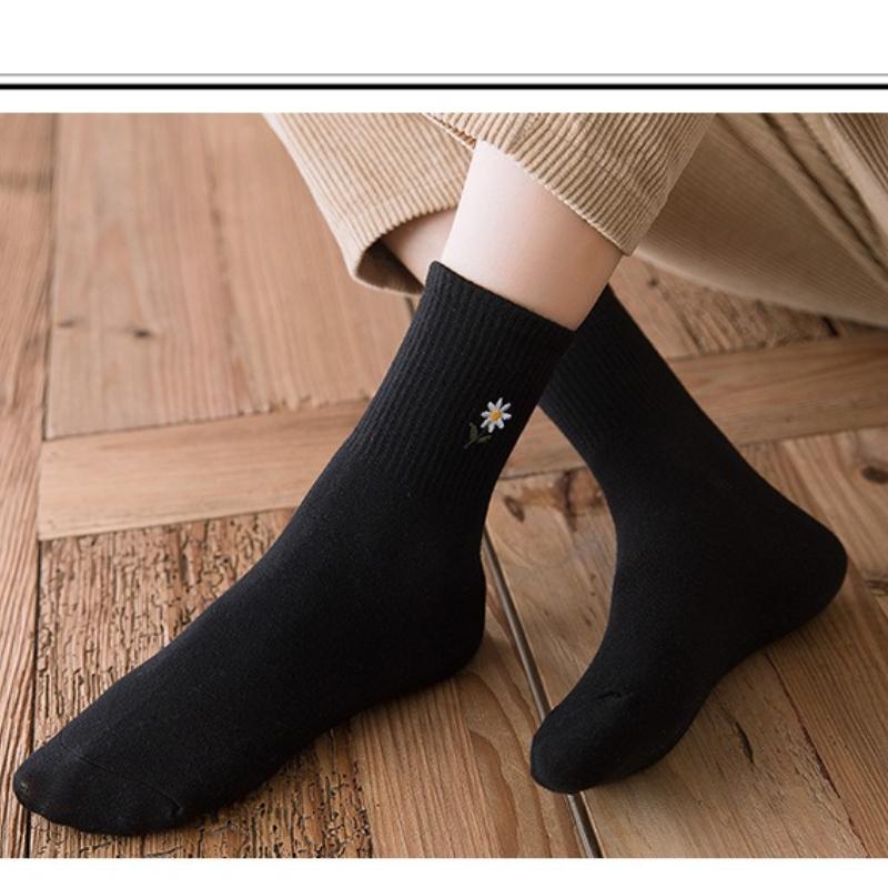 5 пар осенне-зимних женских вышитых носков средней длины из хлопка, однотонные модные удобные женские носки