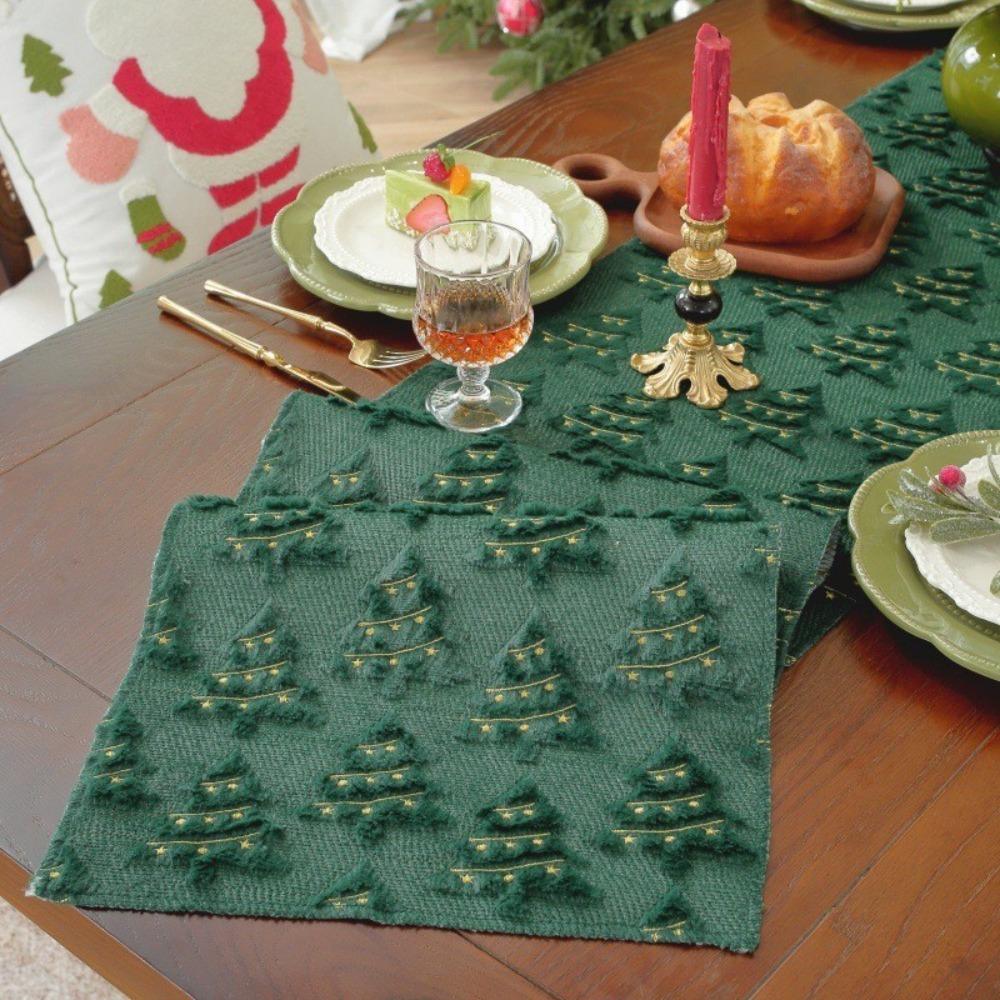 Embroidered Christmas Tree Table Runner Rectangular Long Christmas Table Cover Embossed Design Dining Tablecloth Restaurant