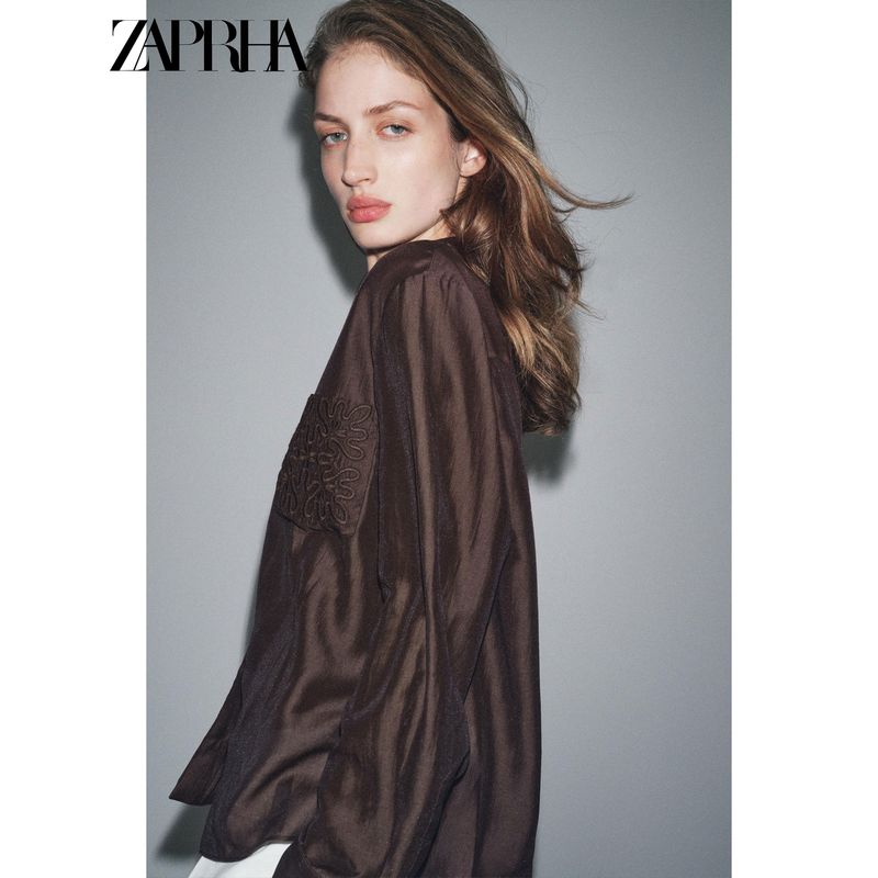 Zaprha 2025 Autumn New Pure Desire Style Lapel Long sleeve Embroidery Pocket Decoration Shirts Top 4786179