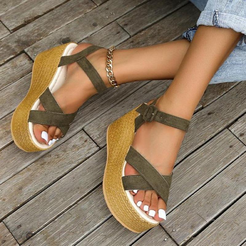 Женские сандалии большого размера на покатом каблуке, летние повседневные пляжные сандалии с пряжкой и толстой подошвой, размеры 34-43