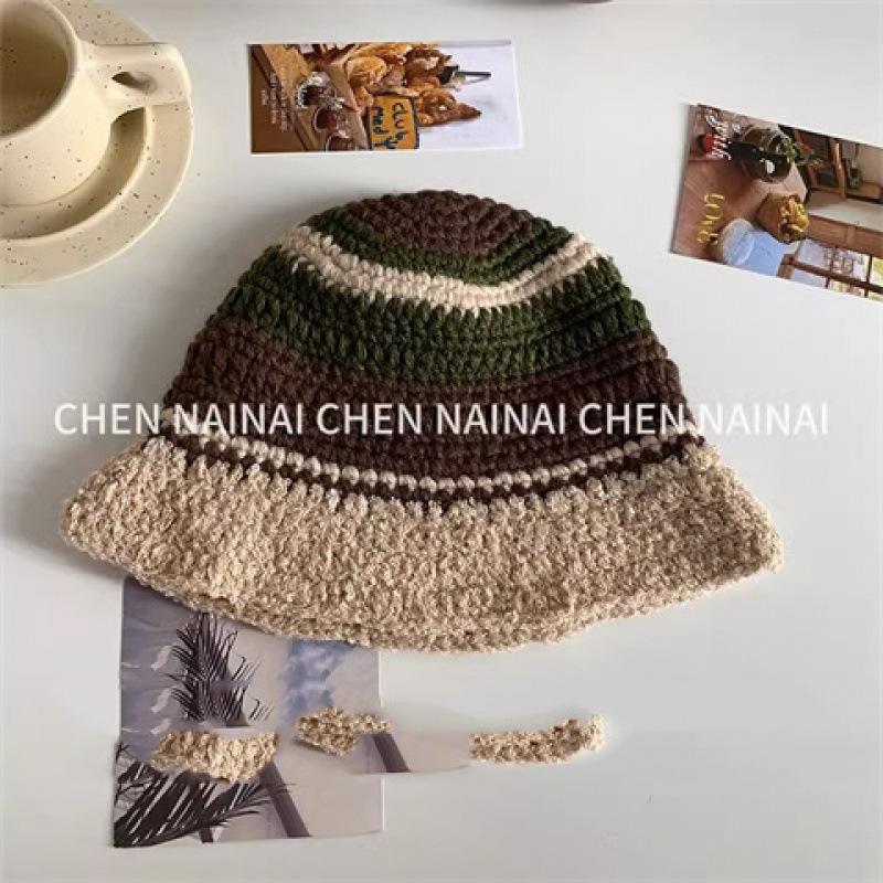 Wake up dopamine color retro handmade warm plush hat women's autumn and winter wool hat knitted bucket hat cold hat