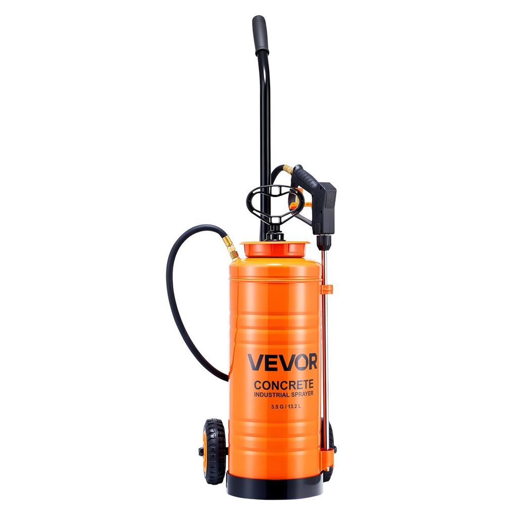 Industrial Concrete Sprayer with Wheeled Cart, 14L Stainless Steel Sprayer, Heavy Duty Tri-Poxy Pump Sprayers, 52cm Wand, 1.2m & 3m Hoses, 2 Brass