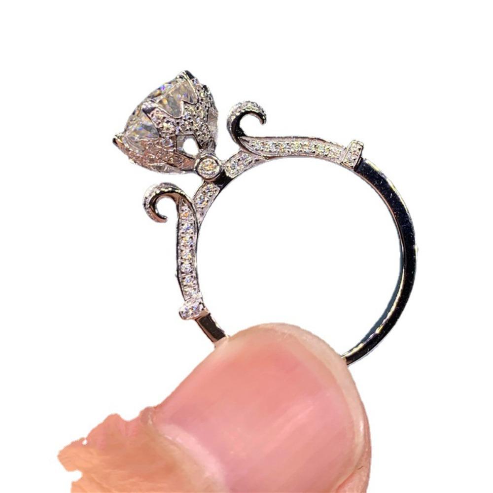 PT950 Plated White Gold Moissanite Open Ring Floral Bud Crown Style 6 Prong Womens Jewelry