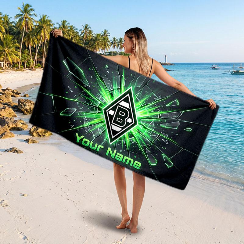Borussia Mönchengladbach Custom Beach Towel, Personalized Name Text Print, Football Logo Soft Quick‑Dry Towel Holiday Gift