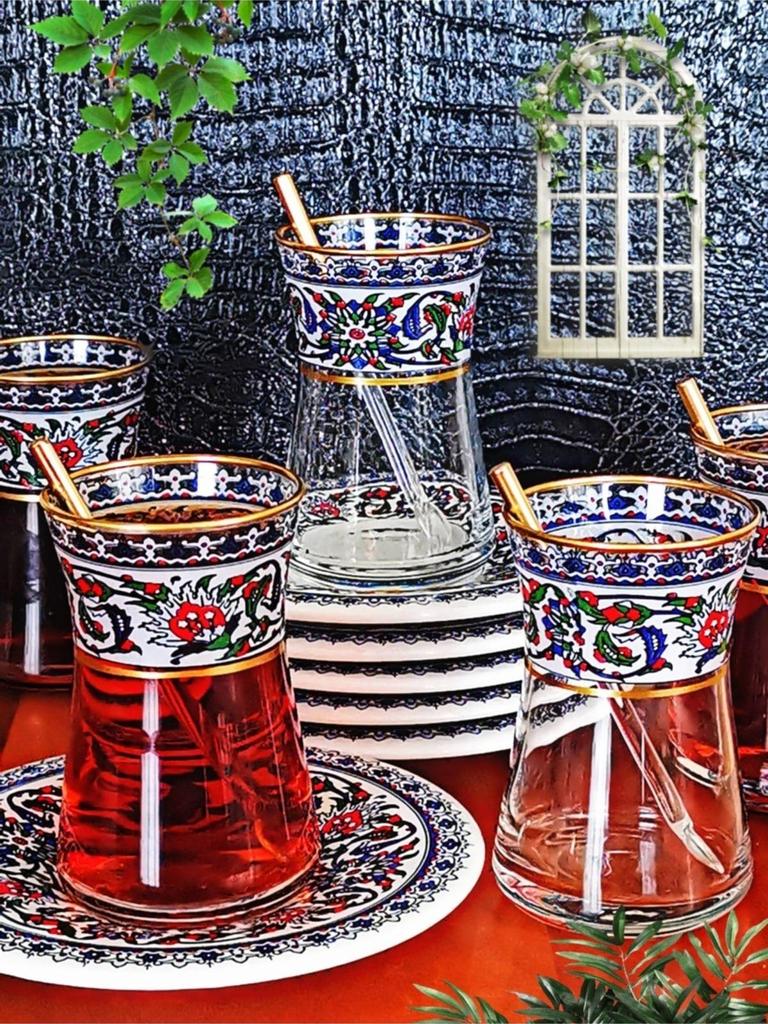 12 шт., чайный сервиз в традиционном турецком стиле, декоративный набор ручной работы в османском стиле с золотой плиткой и узором, набор стеклянных чашек на 6 человек