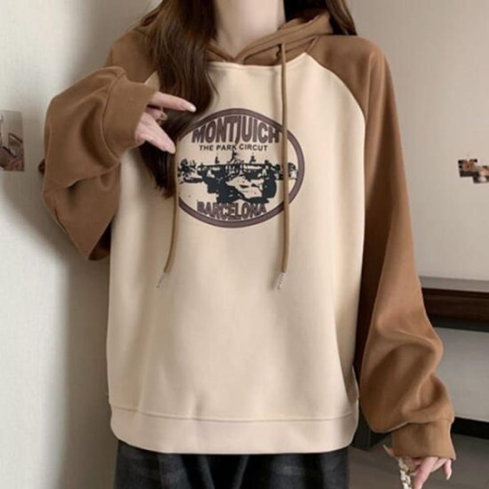 Navava Women Retro Printing Raglan Long Sleeve Hoodie Nt3169