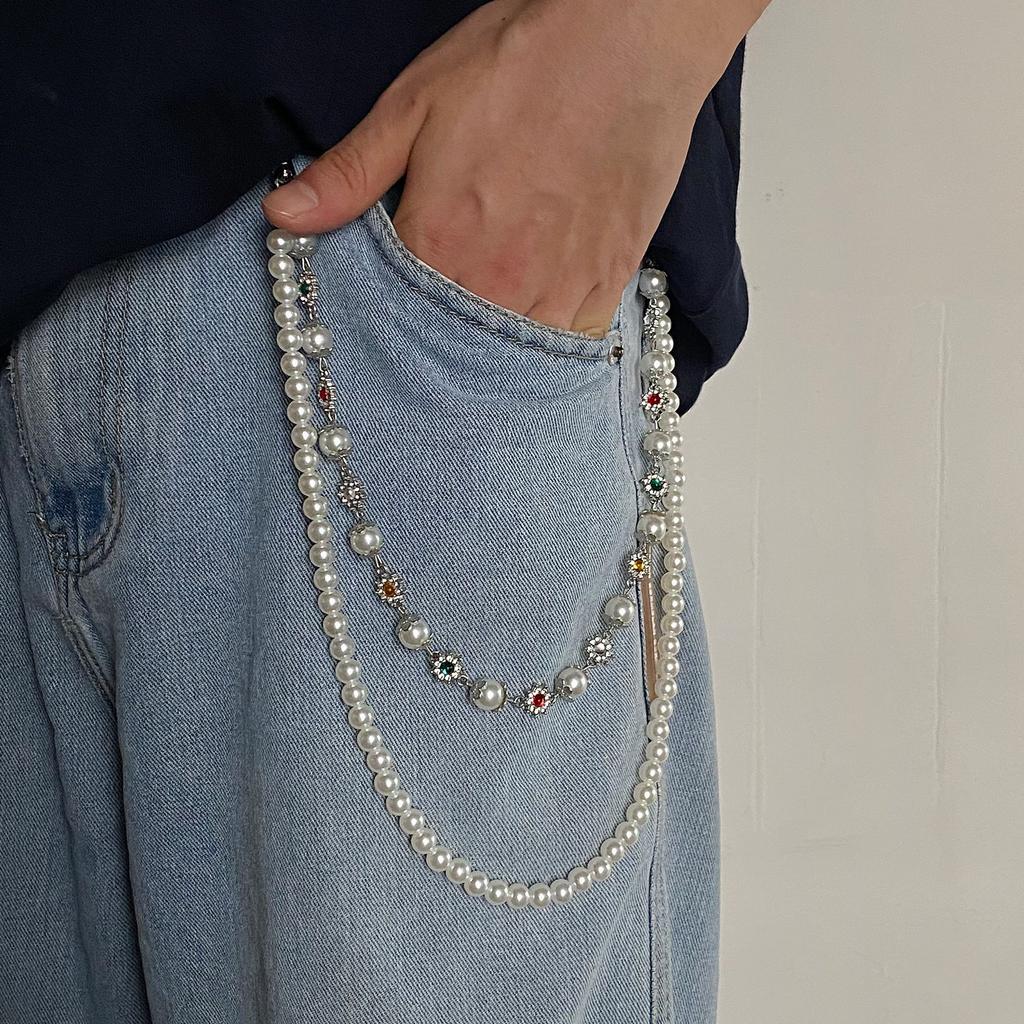 Punk Colorful Zircon Cross Pendant Pants Chain for Women Men Gothic Multi Layer Imitation Pearl Chain Waist Chain Jeans Jewelry