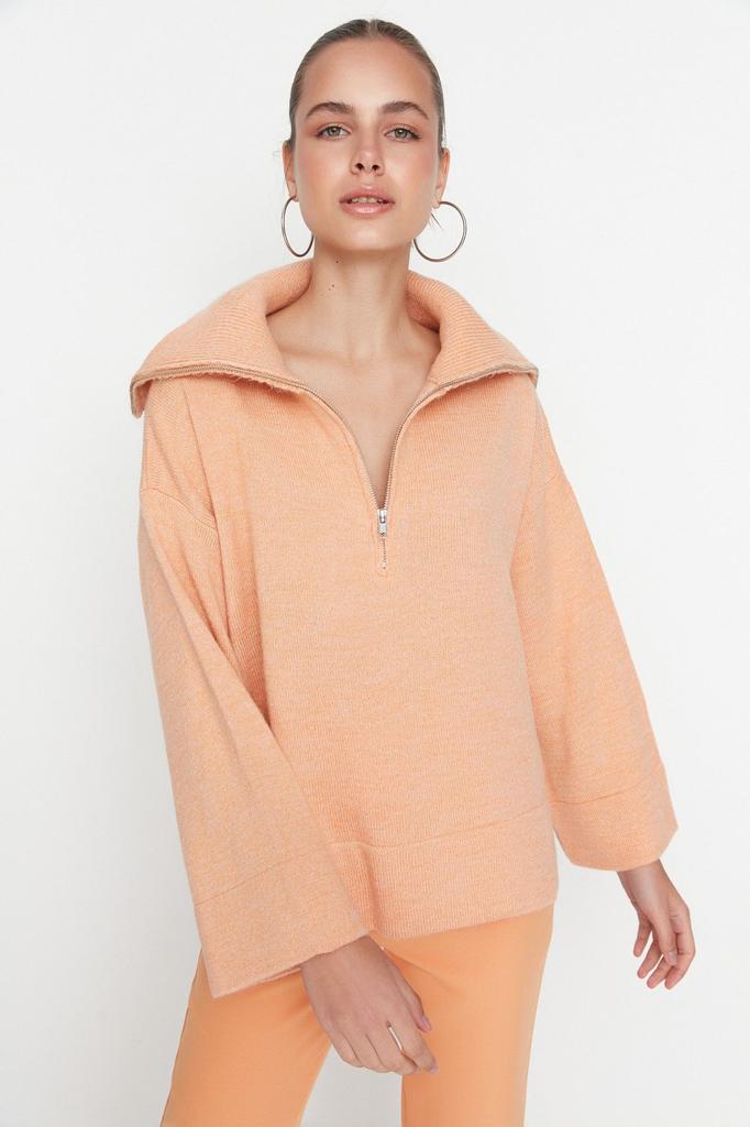 Women's Fashionable Stylish Sweater Stone Wide Fit Soft Textured Zippered Knitwear Sweater