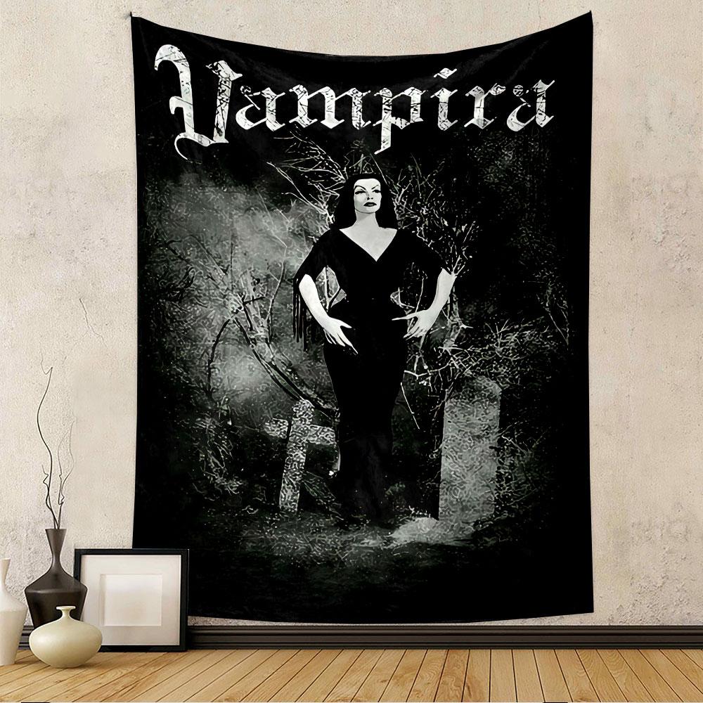 Vampira Horror Character Art Tapestry Wall Hanging, Vintage Gothic Woman Poster, Spooky Wall Decor for Bedroom Living Room Dorm