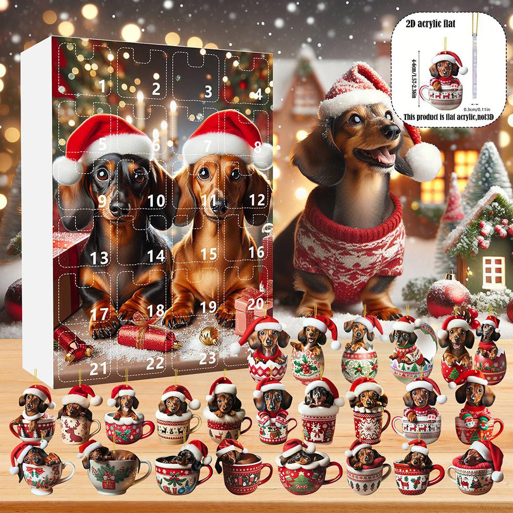 2025 Dachshunds Advent Calendar 2D Acrylic Dachshunds Ornament Christmas Holiday Countdown Calendar Xmas Tree Hanging Pendants