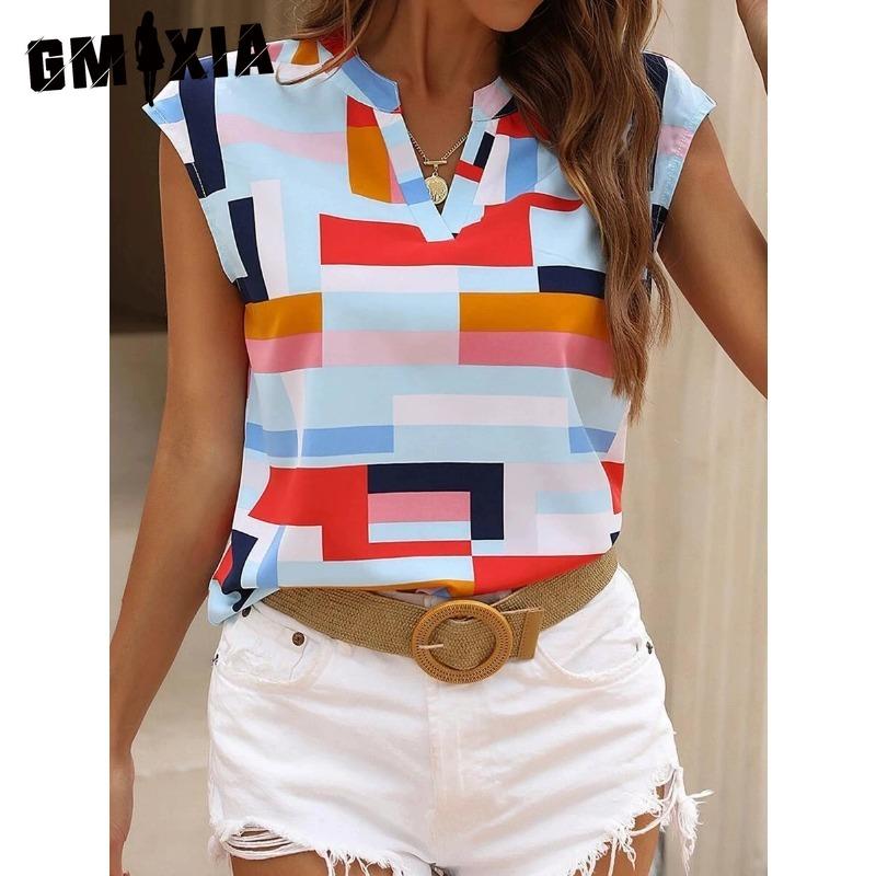 GMXIA Женская Мода Повседневные Блузки и Рубашки с Коротким Рукавом и V-образным Вырезом