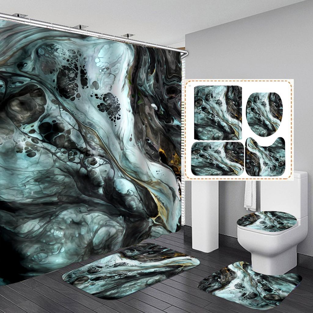 4Pcs Luxury Marble Shower Curtain Sets Bathroom Decor Sets with 12 Hooks Bath Mat Toilet Lid Rug and Non-Slip U Shape Mat