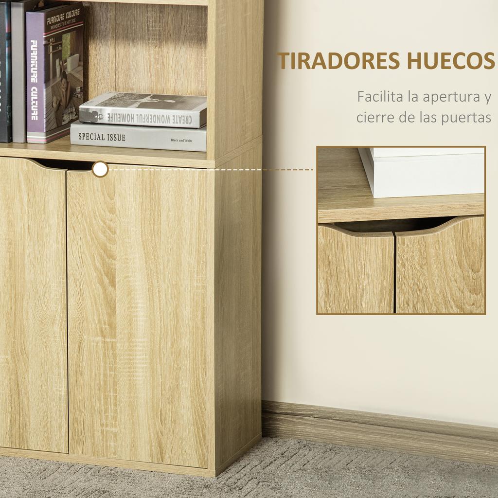 Bookcase with 4 Open Compartments and 2 Doors, 59 x 29 x 180 cm, Natural