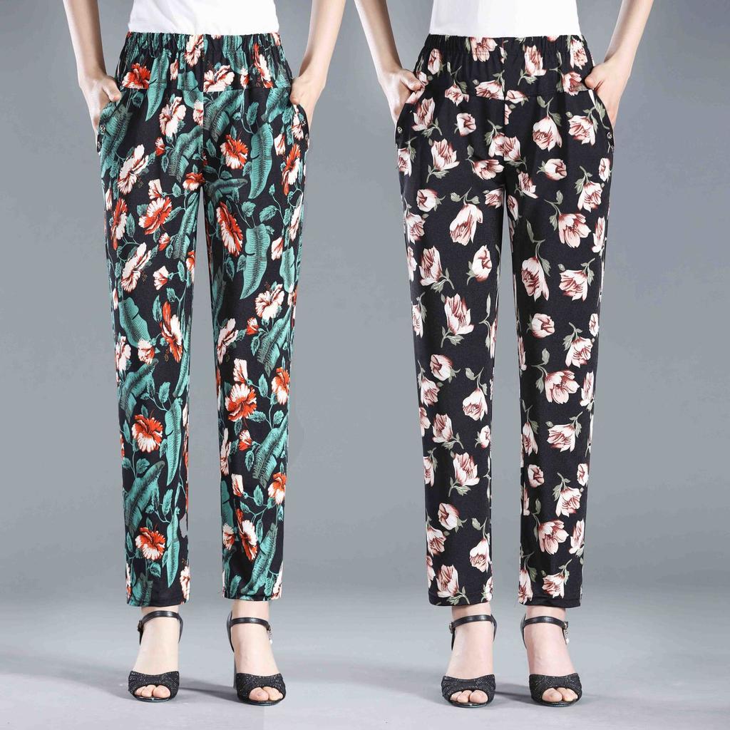 Летние брюки с цветочным принтом для женщин среднего и пожилого возраста. Эластичные брюки больших размеров с высокой талией для женщин пожилого возраста.