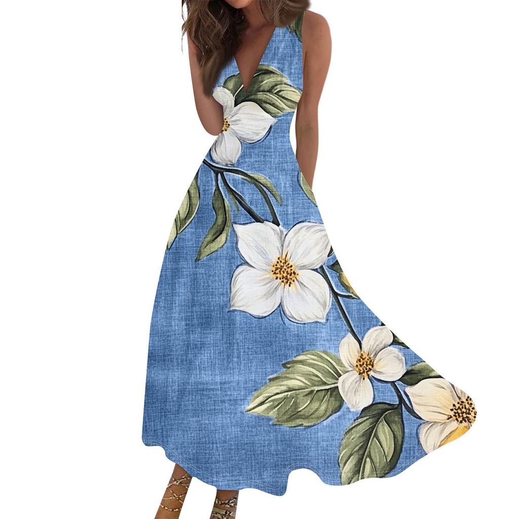 Женские модные повседневные свободные платья с V-образным вырезом без рукавов с принтом