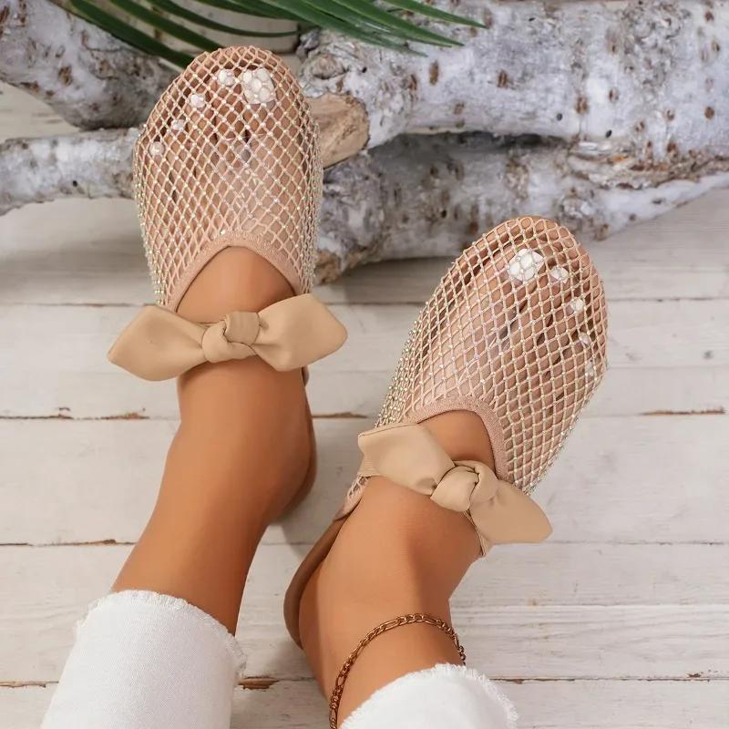 Модная женская обувь, хит продаж 2024 года, новые женские тапочки, летние, закрытый носок, однотонные, сетчатые, с бантом, на квадратном каблуке, повседневные тапочки