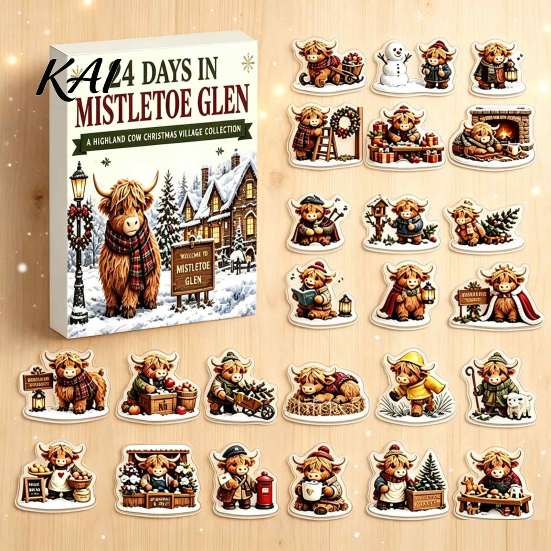 Christmas Party Favors 2026 Highland Cow Advent Calendar, 24 Pcs 2D Flat Acrylic Collectable Holiday Figures Farmhouse Animal Ornaments, 24-Day