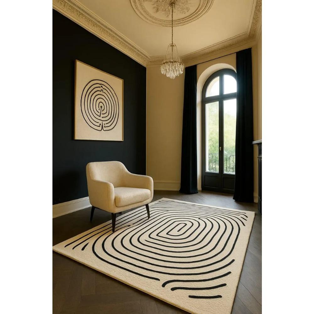 Ковер с абстрактным линейным рисунком – Скандинавский лабиринт, напольный коврик для декора дома – Черно-белый ковер, ковер для столовой