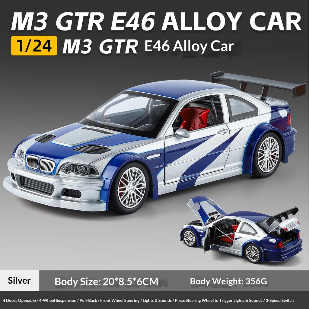 1/24 M3 GTR E46 Металлическая литая модель автомобиля Звук и свет Симуляция Оттяжка Мальчик Игрушечная машина Настольный дисплей Украшение Подарок на день рождения