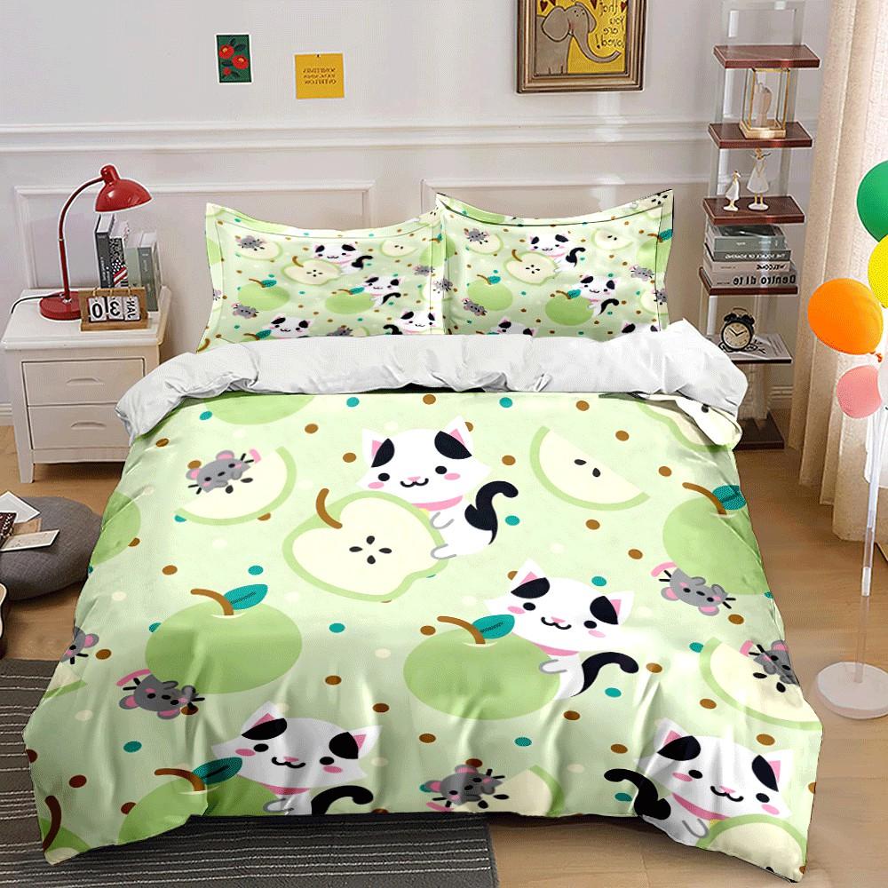 "Playful Cats and Apples Theme printed bedding set" Exquisite three-piece bedding set gift for kids and adults