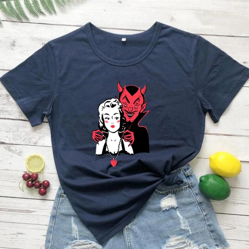 Футболка Deal with The Devil для женщин на Хэллоуин, забавная, темная, острая, гранж, одежда для духов, готический топ, винтажная футболка, дропшиппинг