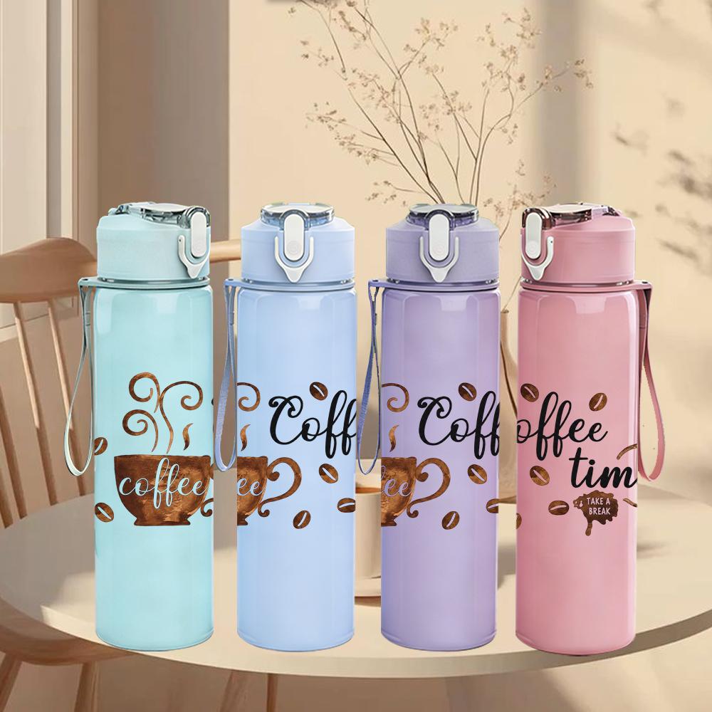 1 шт. Винтажная Бутылка для воды 750 мл с надписью "Coffee Time", цветной пластик, спортивная, герметичная, с откидной крышкой-поилкой, подходит для спорта, офиса, домашнего использования