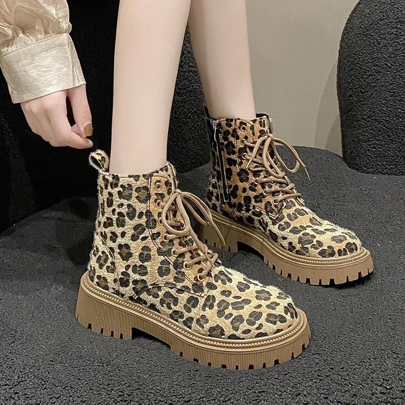 2024 New Lace Up Zipper Women Boots Round Toe Mixed Colors Leopard Print Platform Water Proof Fashion Boots Shoes for Women