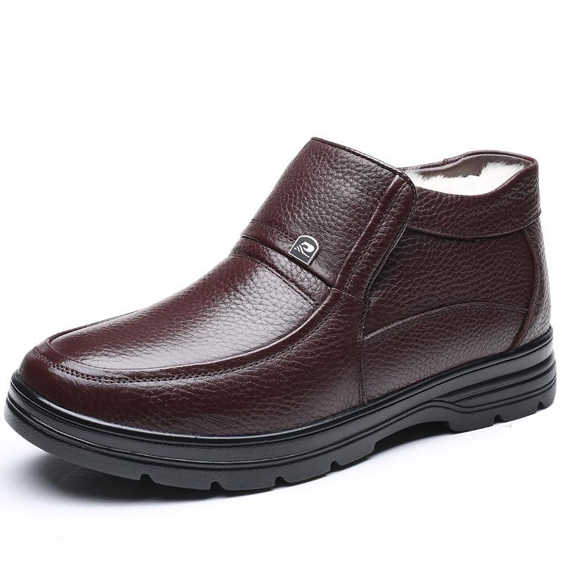 Зимняя мужская повседневная обувь из натуральной кожи с шерстяной подкладкой 2024 года для людей среднего и пожилого возраста