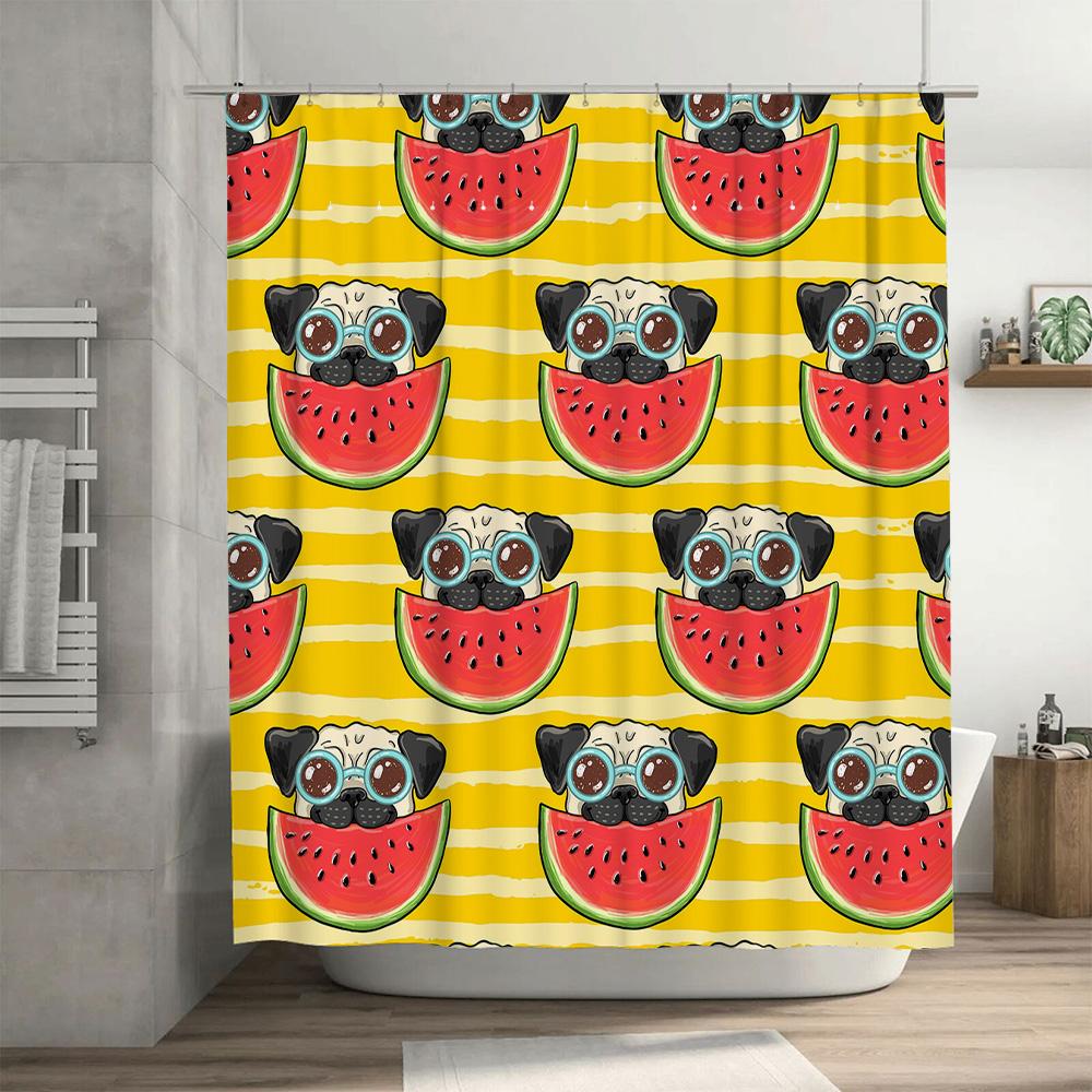 Whimsical Pug Watermelon Shower Curtain for Bathroom Decor Customizable Size Printed with HD Quality Fabric Yellow Series (240cm