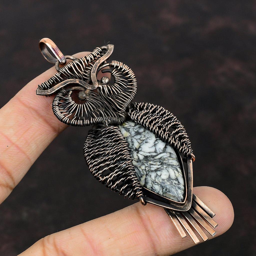 Pinolith Jasper Pendant Copper Wire Wrapped Pendant Handmade Pendant Copper Jewelry Owl Gemstone Pendant Wire Wrapping Jewelry Gift For Wife
