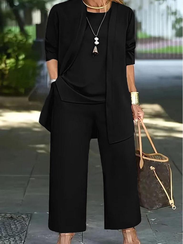 Европейско-американский повседневный осенне-зимний однотонный комплект-тройка: Длинные брюки, кардиган с длинным рукавом и жилет для женщин