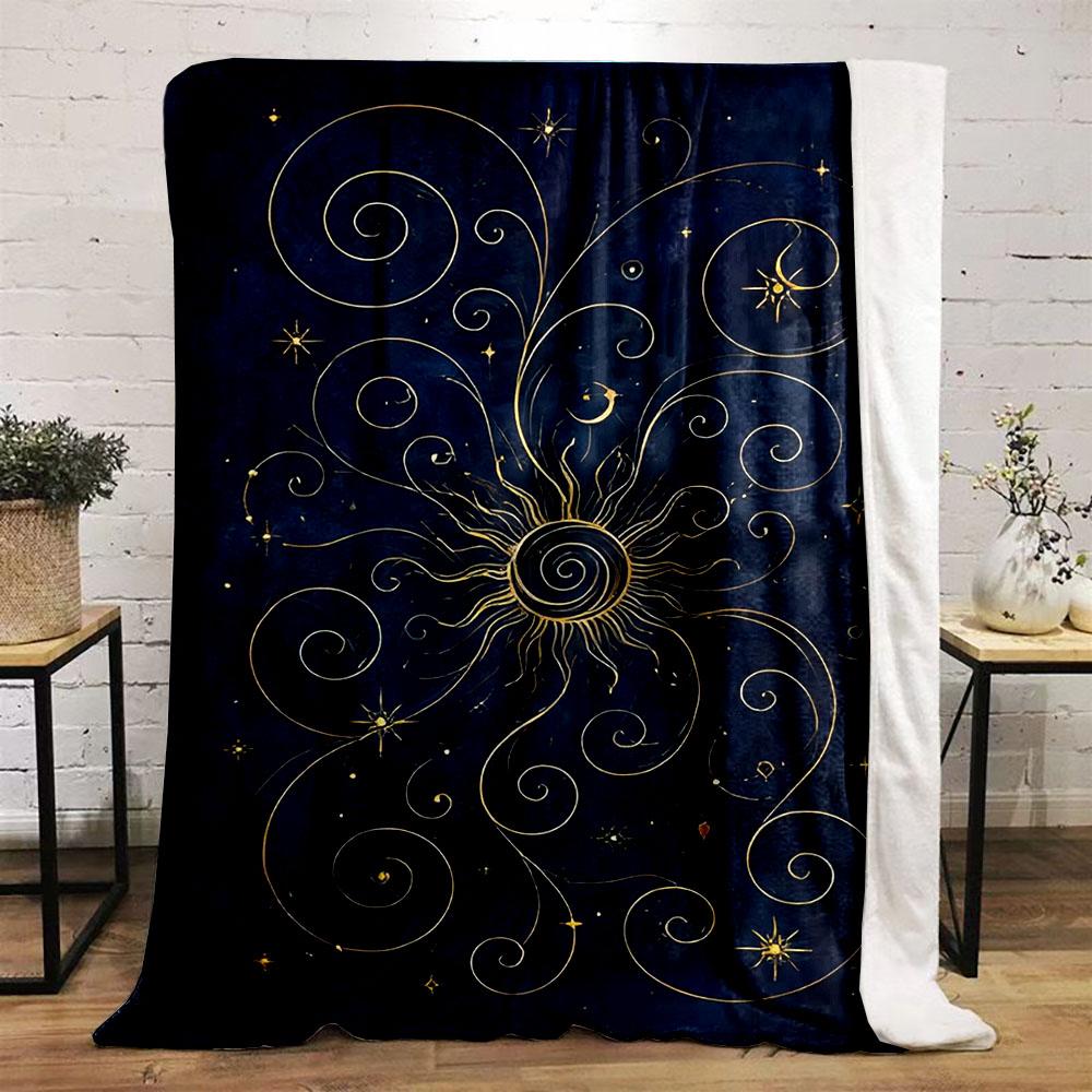 Golden Celestial Swirl on Night Sky Patterned flannel blanket perfect for the bedroom living room, sofa, or a little nap