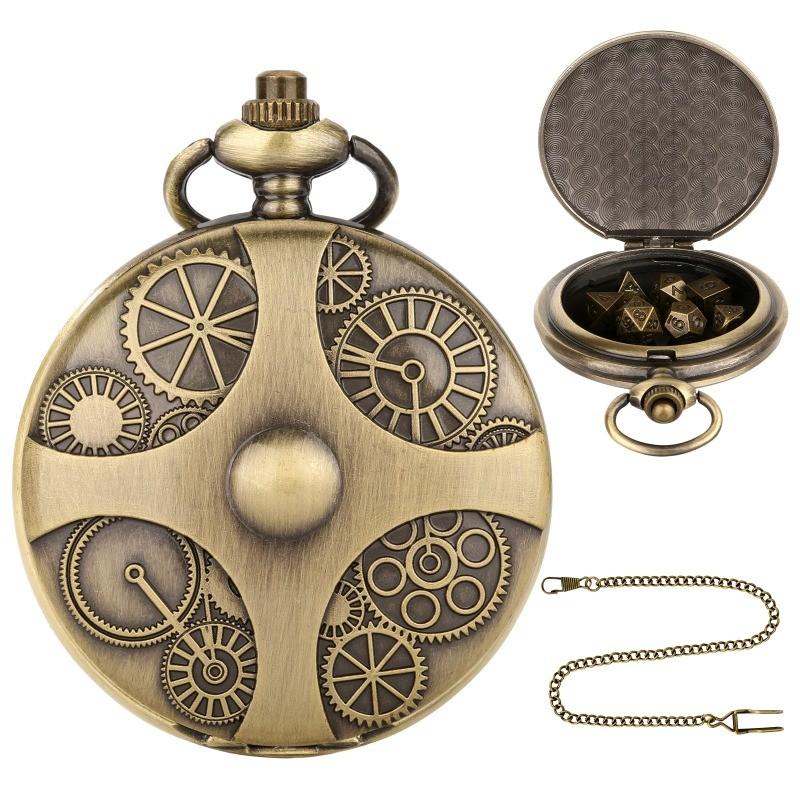 DND Dice Bronze Gear Pocket Watch Case Thick Waist Chain Bronze Dice Board Game