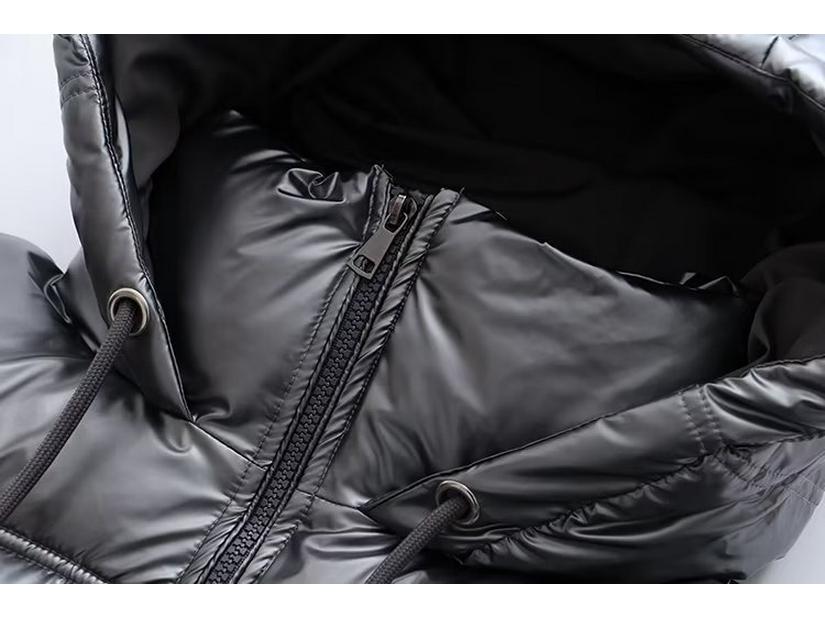 Женская серебристая атласная куртка с капюшоном 2023 года - европейско-американский стиль осень/зима