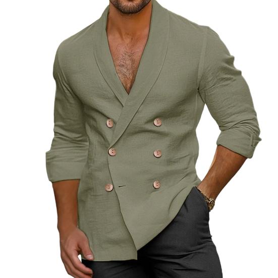 Мужская рубашка весна-лето с V-образным вырезом, двубортная, однотонная, облегающая, из хлопка