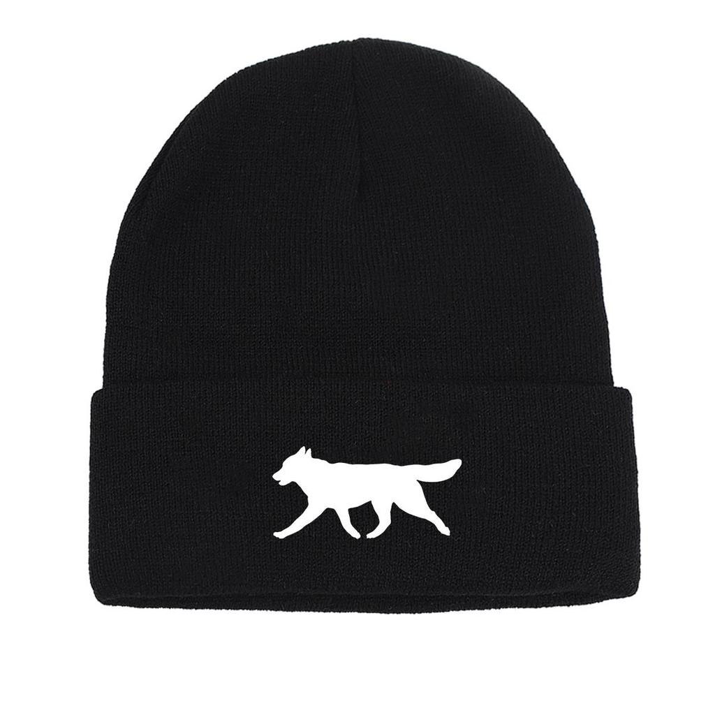 White Wolf Dog Print Knitted Cap Beanie, Animal Man Cap Lightweight Elastic Casual Bobble Hat Knit Hat Beanie
