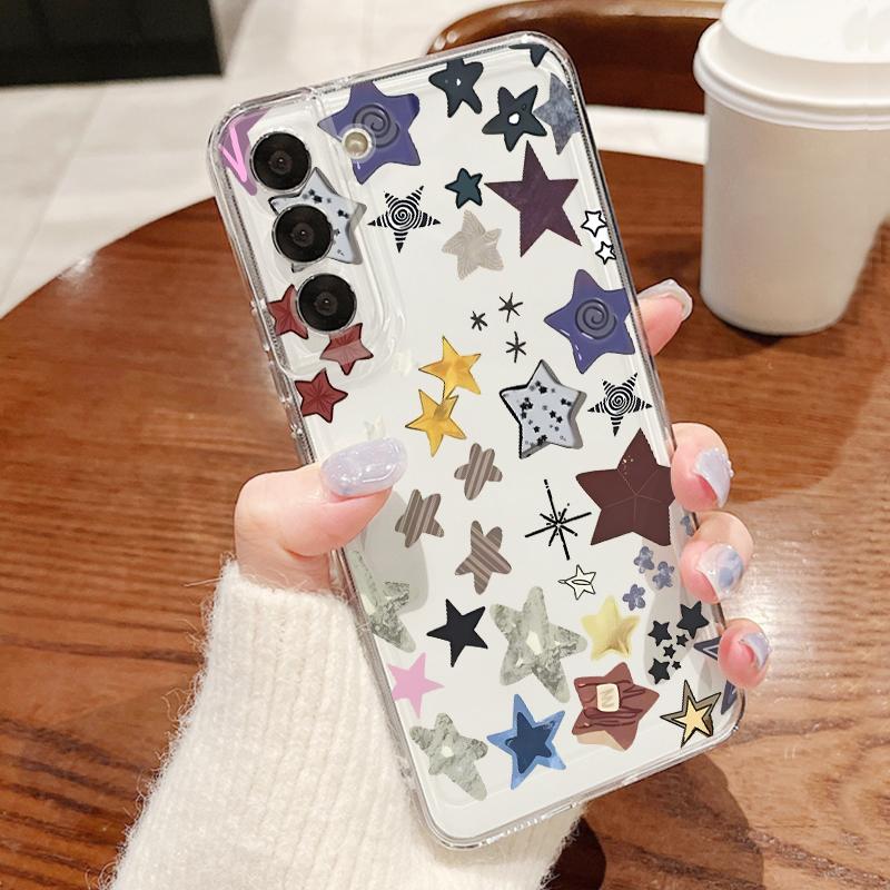 Чехол с принтом «Разноцветные звезды» для iPhone 17 18 Pro Max 17E iPhone 16 15 14 13 Pro Max Позолоченная рамка для камеры Прозрачный мягкий чехол